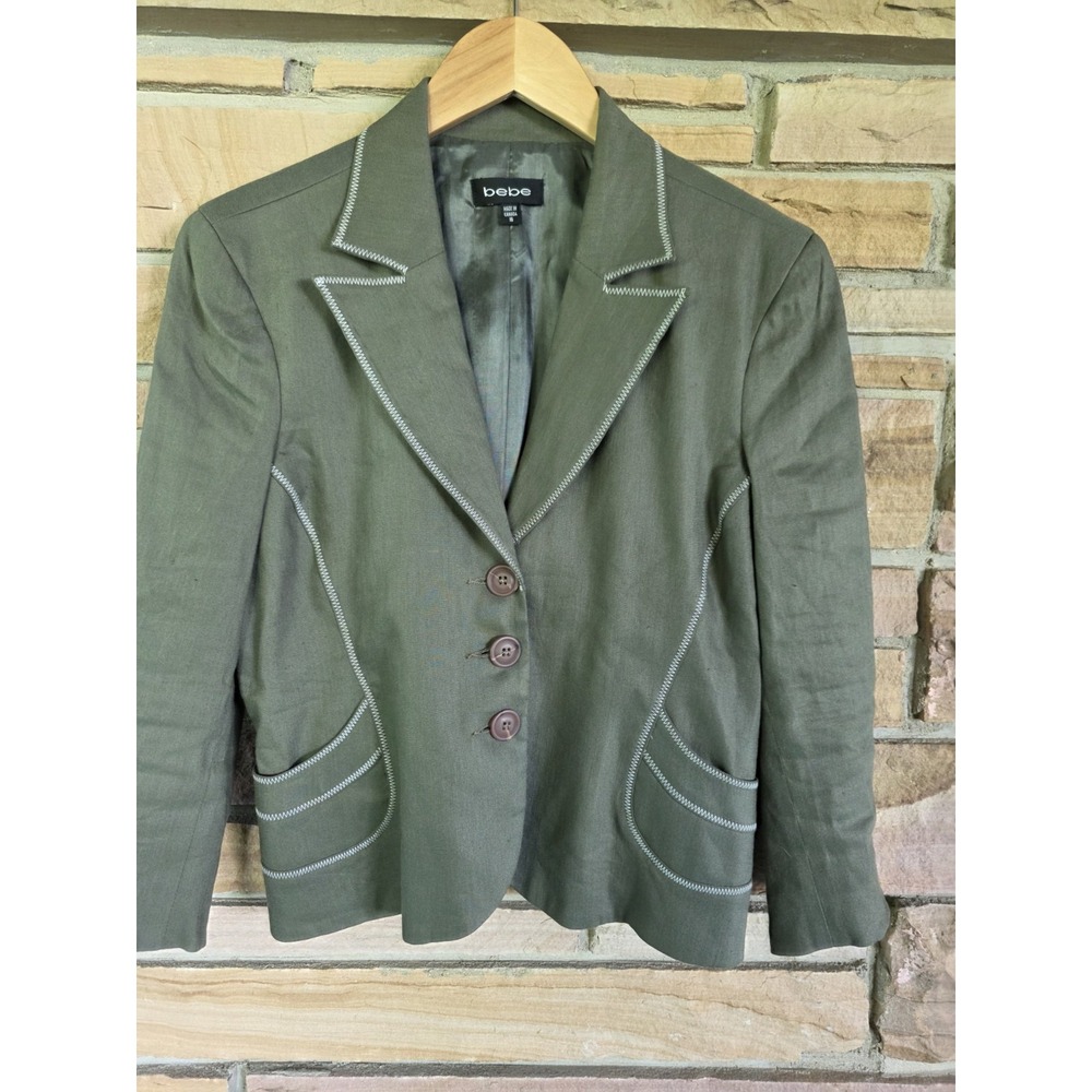 Bebe Burnt Olive Blazer Jacket Women Size 10 Linen Blend Y2K Career Chic